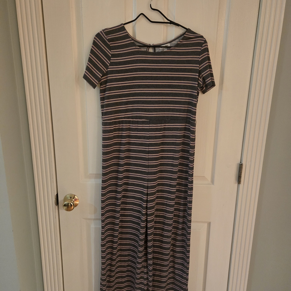 love, Fire Gray and Pink Striped Short-Sleeve Jumpsuit